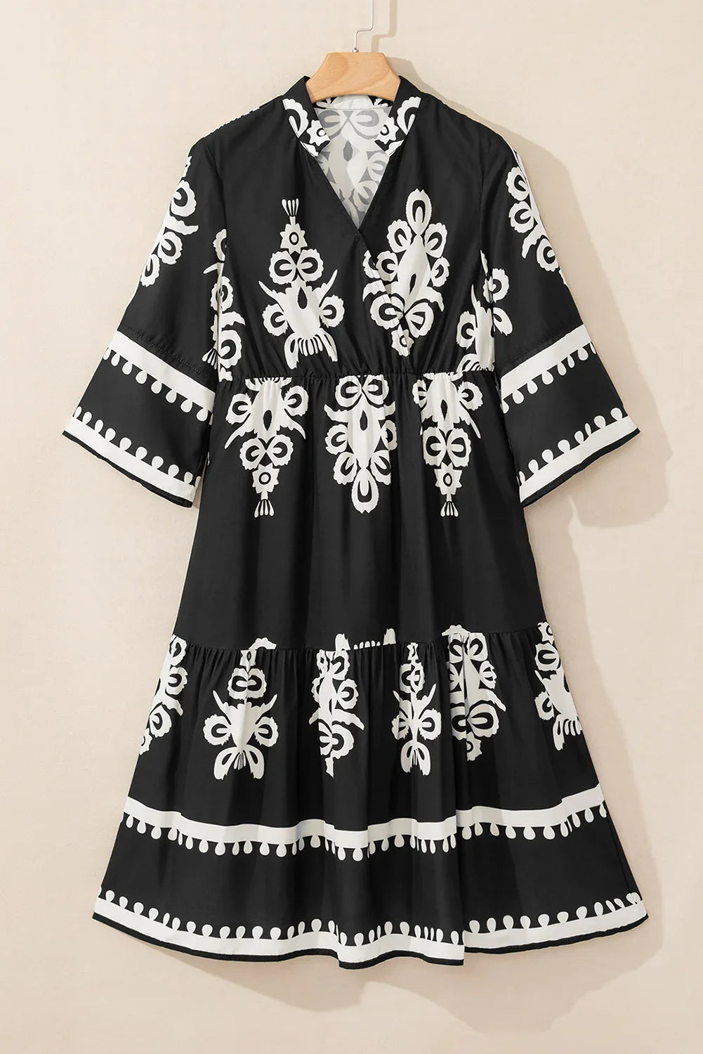 Black Western Geometric Print 3/4 Sleeve Loose Midi Dress - MarkoFit