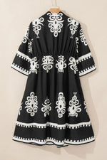 Black Western Geometric Print 3/4 Sleeve Loose Midi Dress - MarkoFit