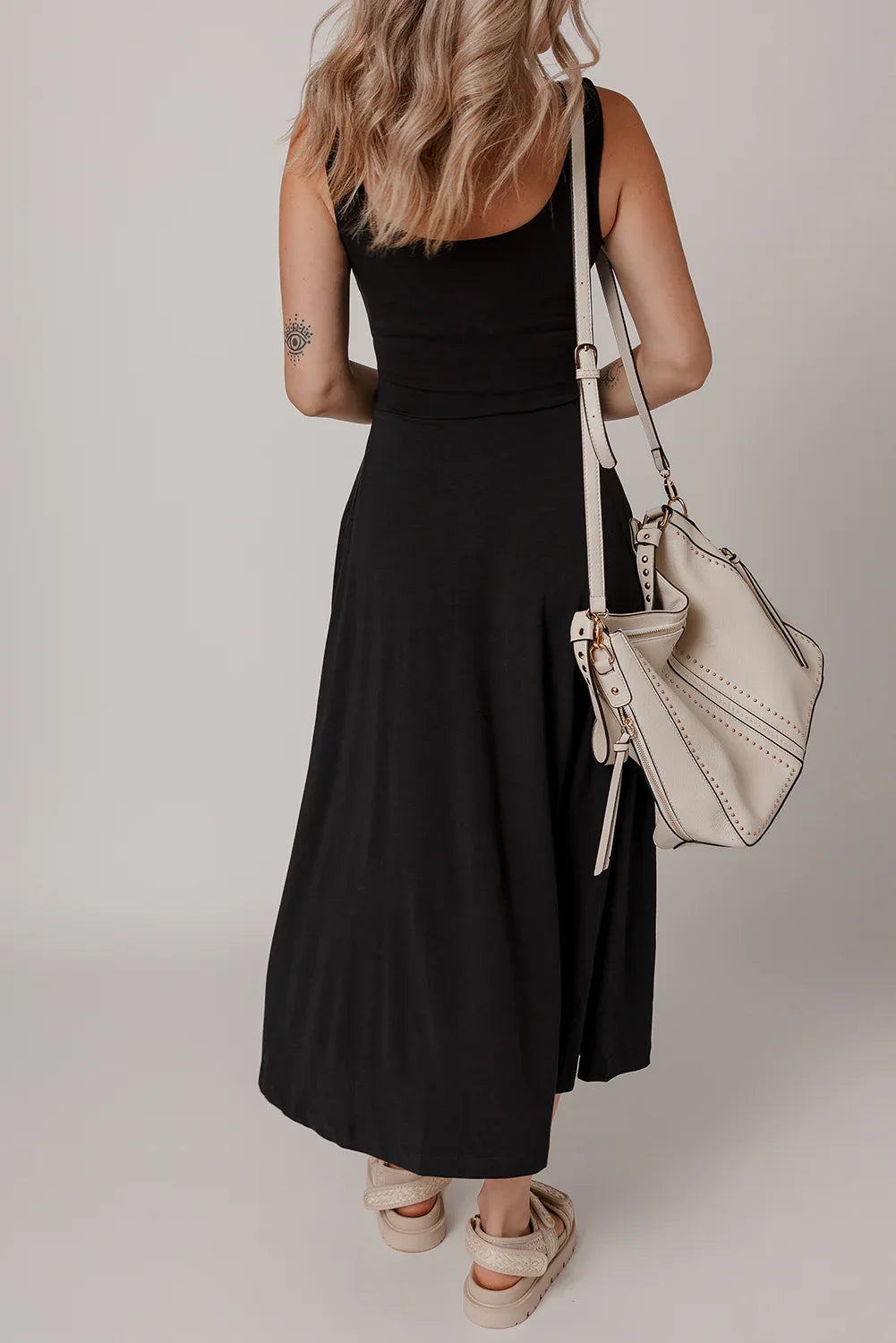 Black Sleeveless Scoop Neck Flared Split Midi Dress - MarkoFit