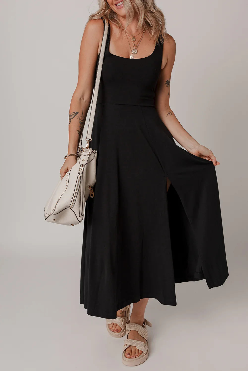 Black Sleeveless Scoop Neck Flared Split Midi Dress - MarkoFit