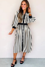 Black Stripe 3/4 Puff Sleeve Shirt Style Button Down Midi Dress - MarkoFit