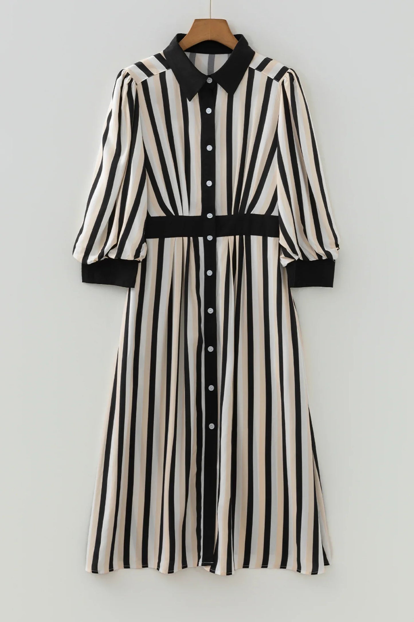 Black Stripe 3/4 Puff Sleeve Shirt Style Button Down Midi Dress - MarkoFit