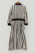 Black Stripe 3/4 Puff Sleeve Shirt Style Button Down Midi Dress - MarkoFit