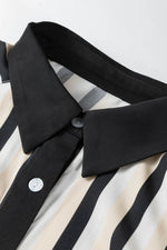 Black Stripe 3/4 Puff Sleeve Shirt Style Button Down Midi Dress - MarkoFit