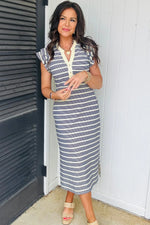 Blue Stripe Ruffled Short Sleeve Contrast Trim Button Notched Neck Midi Dress - MarkoFit