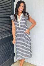 Blue Stripe Ruffled Short Sleeve Contrast Trim Button Notched Neck Midi Dress - MarkoFit