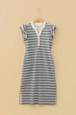 Blue Stripe Ruffled Short Sleeve Contrast Trim Button Notched Neck Midi Dress - MarkoFit