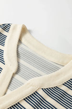 Blue Stripe Ruffled Short Sleeve Contrast Trim Button Notched Neck Midi Dress - MarkoFit