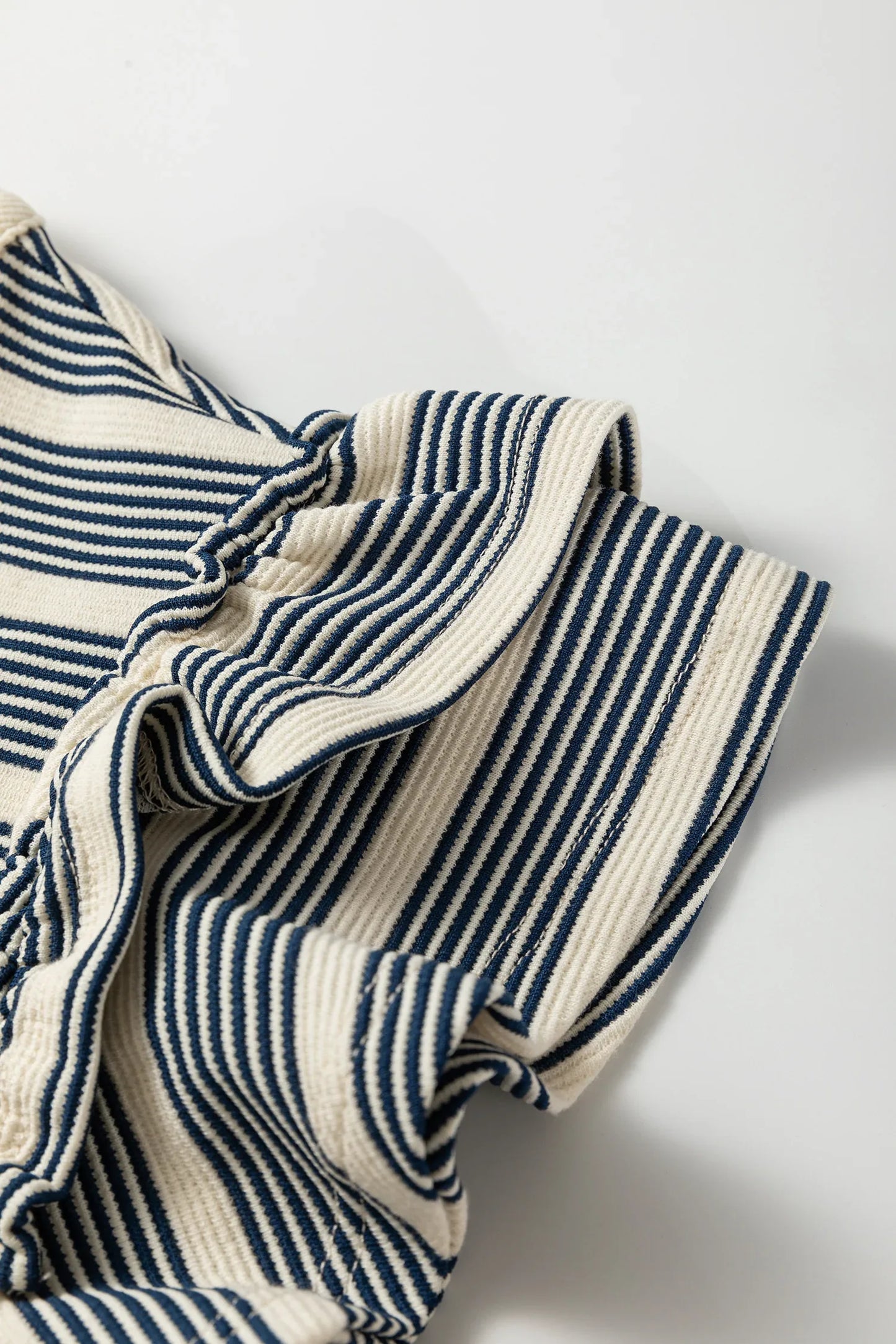 Blue Stripe Ruffled Short Sleeve Contrast Trim Button Notched Neck Midi Dress - MarkoFit