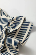 Blue Stripe Ruffled Short Sleeve Contrast Trim Button Notched Neck Midi Dress - MarkoFit