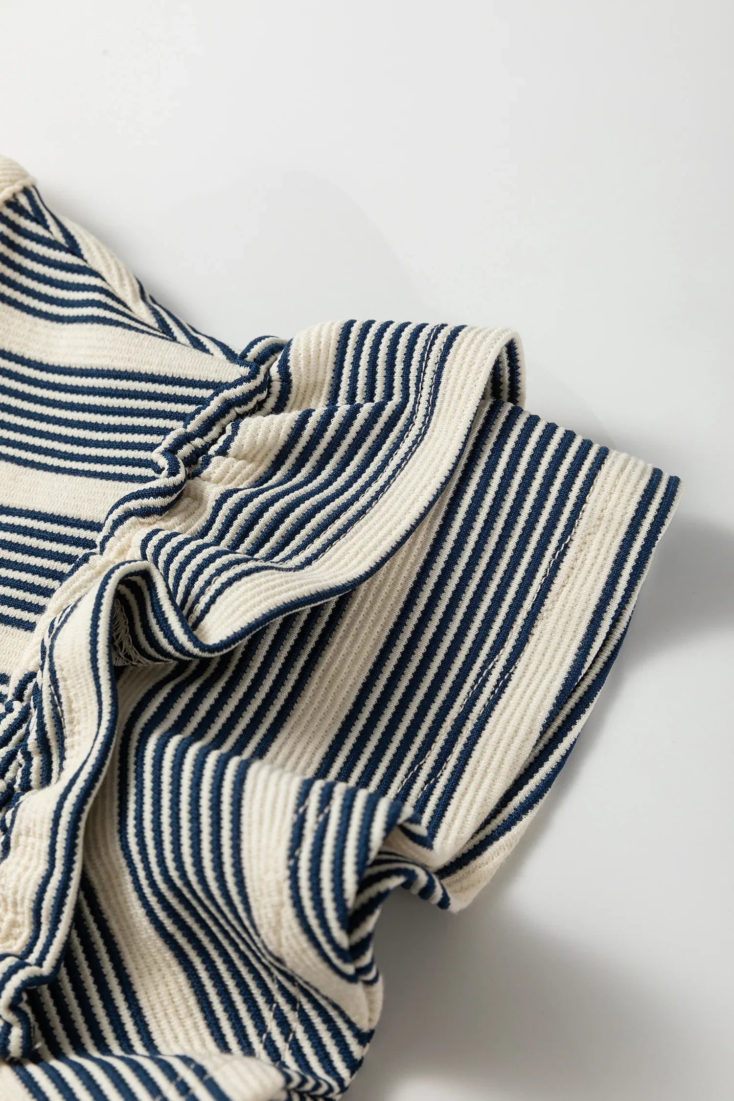 Blue Stripe Ruffled Short Sleeve Contrast Trim Button Notched Neck Midi Dress - MarkoFit