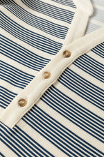 Blue Stripe Ruffled Short Sleeve Contrast Trim Button Notched Neck Midi Dress - MarkoFit