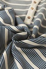 Blue Stripe Ruffled Short Sleeve Contrast Trim Button Notched Neck Midi Dress - MarkoFit