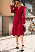 Fiery Red Solid Color Ruched Detail Long Sleeve Midi Dress - MarkoFit