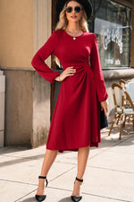Fiery Red Solid Color Ruched Detail Long Sleeve Midi Dress - MarkoFit