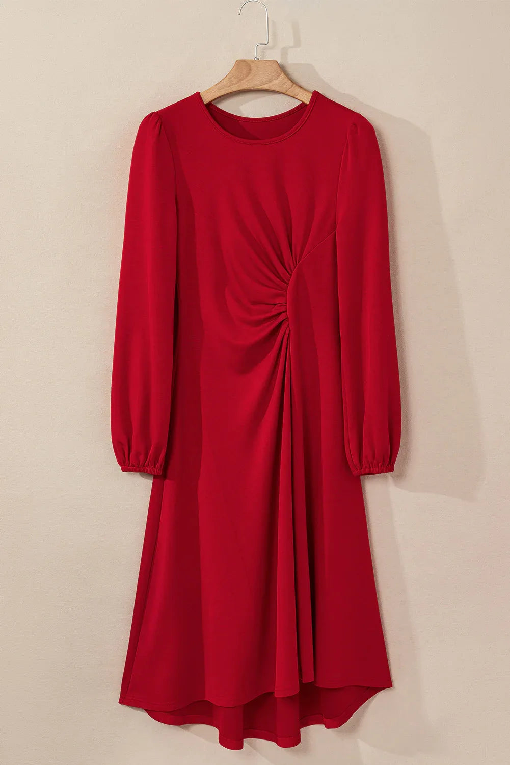 Fiery Red Solid Color Ruched Detail Long Sleeve Midi Dress - MarkoFit