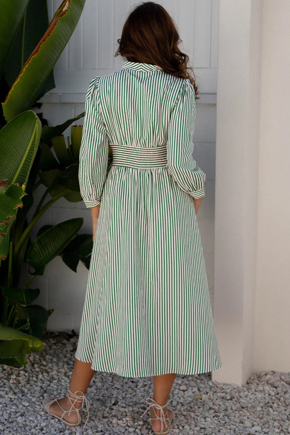 Green Stripe V Neck Zip Front Cinched High Waist Midi Dress - MarkoFit