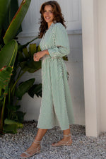 Green Stripe V Neck Zip Front Cinched High Waist Midi Dress - MarkoFit