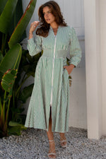 Green Stripe V Neck Zip Front Cinched High Waist Midi Dress - MarkoFit