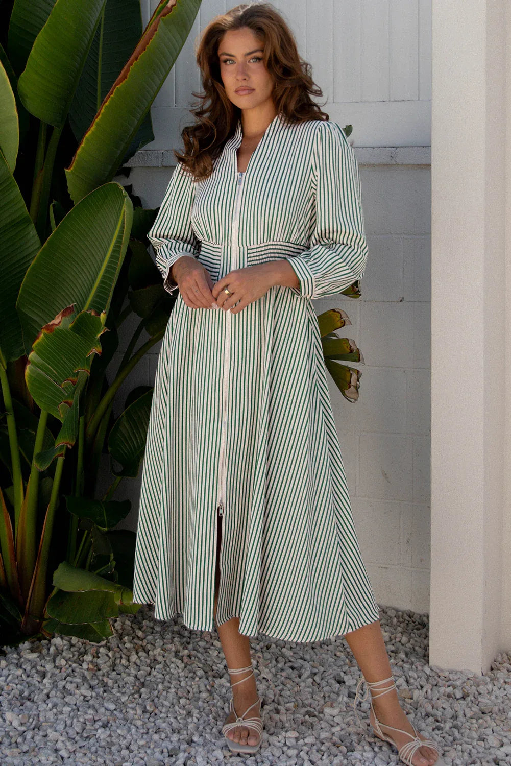 Green Stripe V Neck Zip Front Cinched High Waist Midi Dress - MarkoFit
