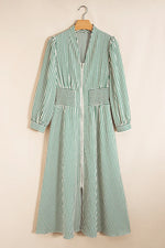 Green Stripe V Neck Zip Front Cinched High Waist Midi Dress - MarkoFit