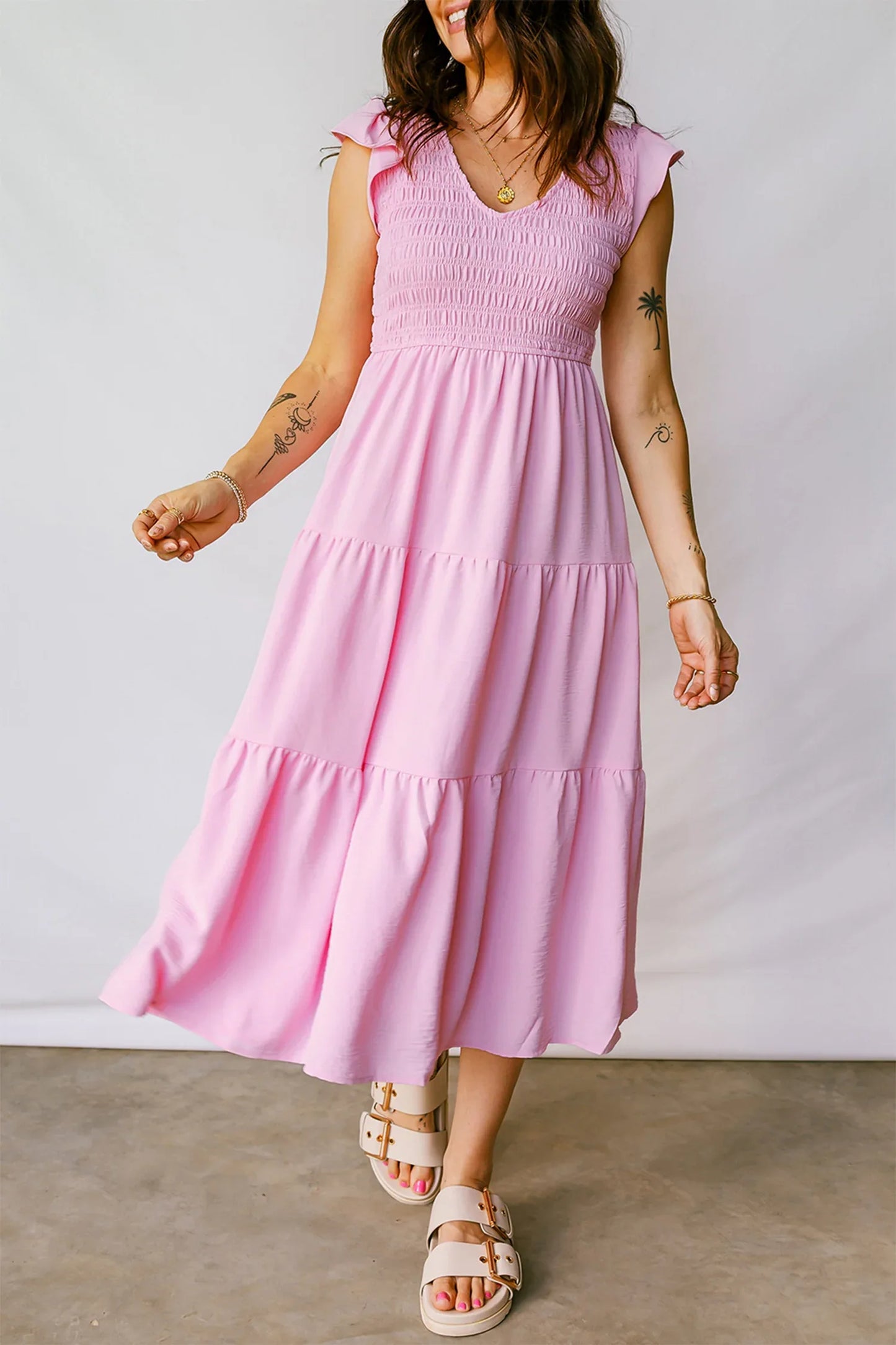 Pink Smocked Bodice Flutter Sleeve Fit Flare Tiered Midi Dress - MarkoFit