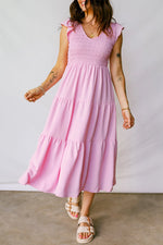 Pink Smocked Bodice Flutter Sleeve Fit Flare Tiered Midi Dress - MarkoFit