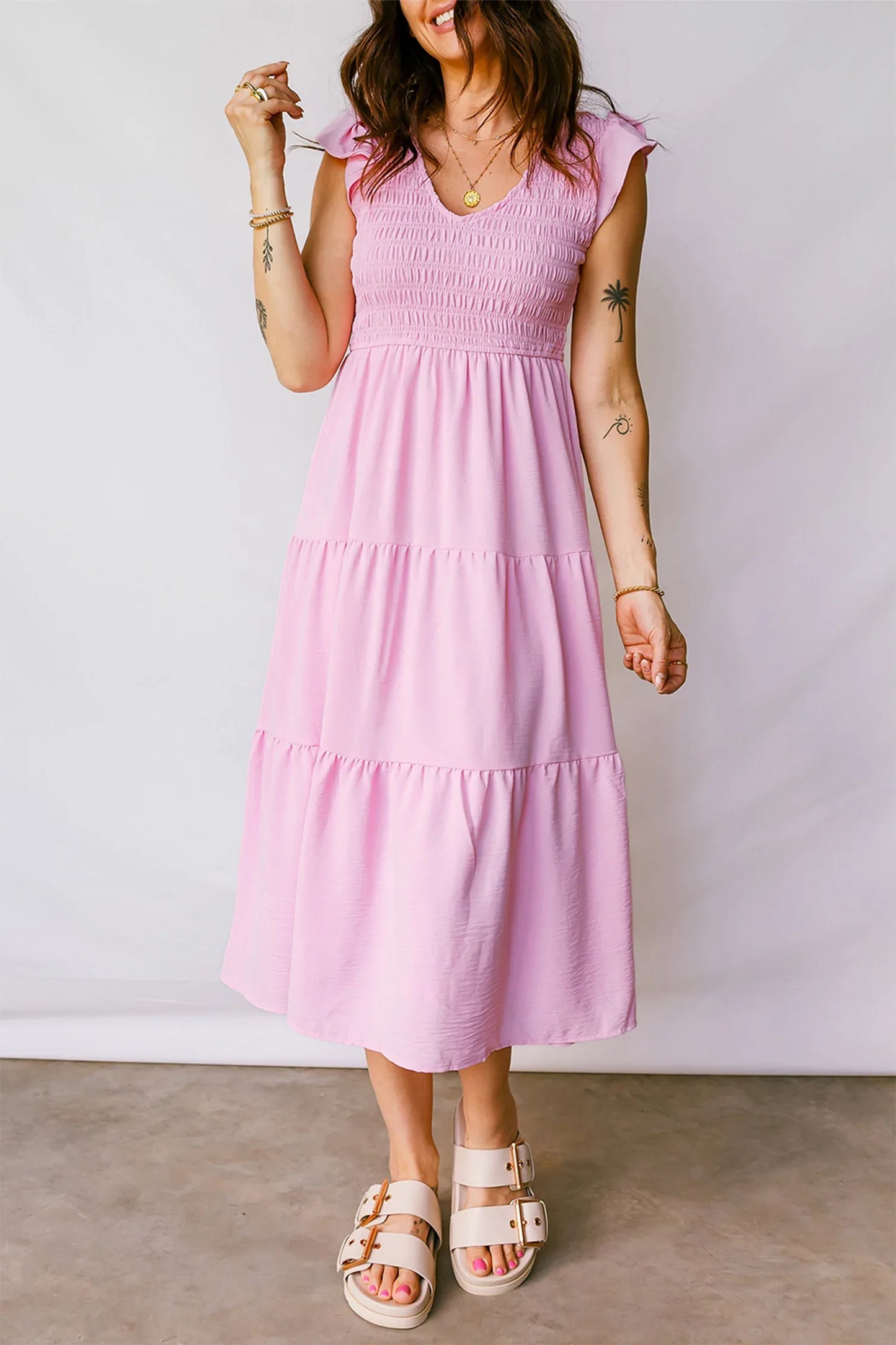 Pink Smocked Bodice Flutter Sleeve Fit Flare Tiered Midi Dress - MarkoFit