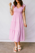 Pink Smocked Bodice Flutter Sleeve Fit Flare Tiered Midi Dress - MarkoFit
