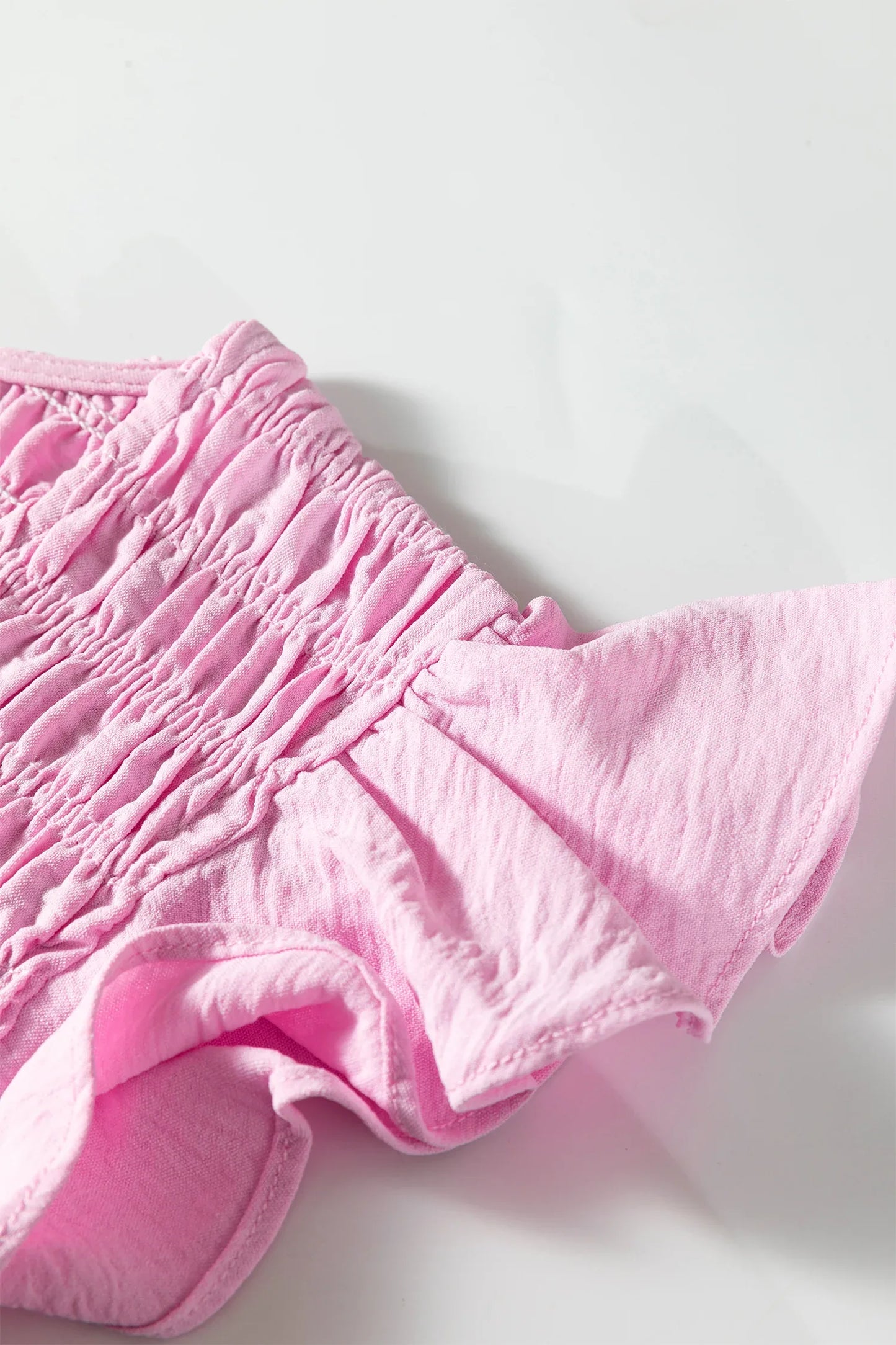 Pink Smocked Bodice Flutter Sleeve Fit Flare Tiered Midi Dress - MarkoFit