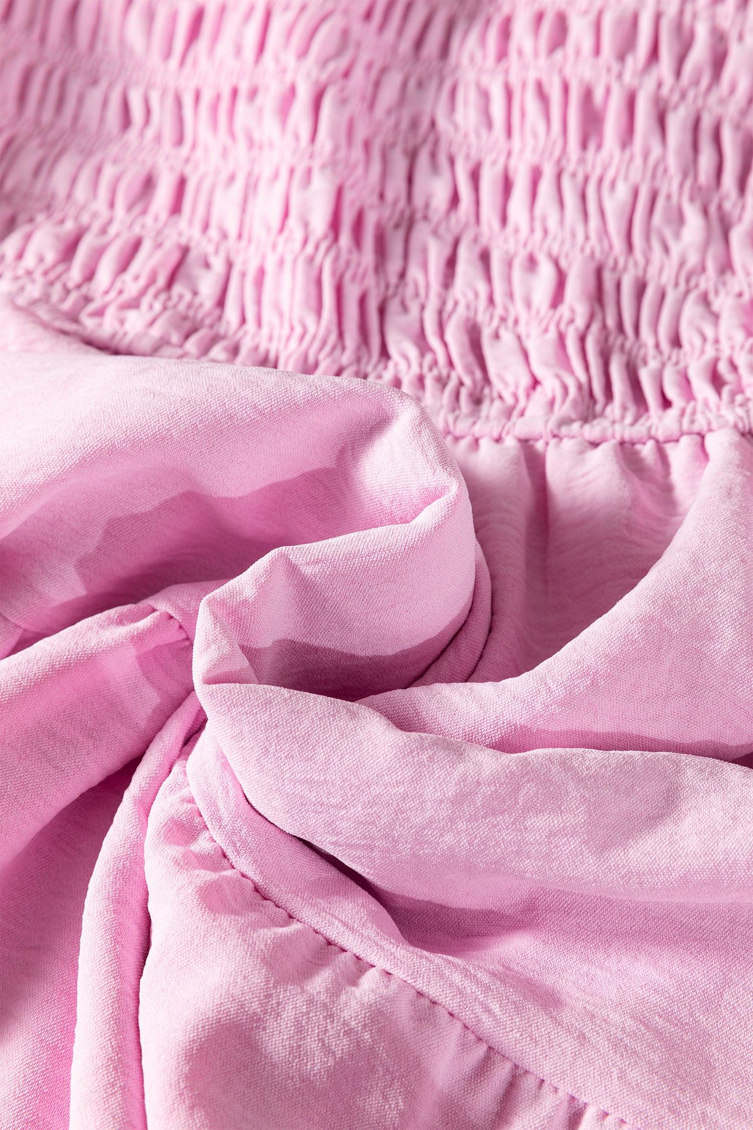 Pink Smocked Bodice Flutter Sleeve Fit Flare Tiered Midi Dress - MarkoFit