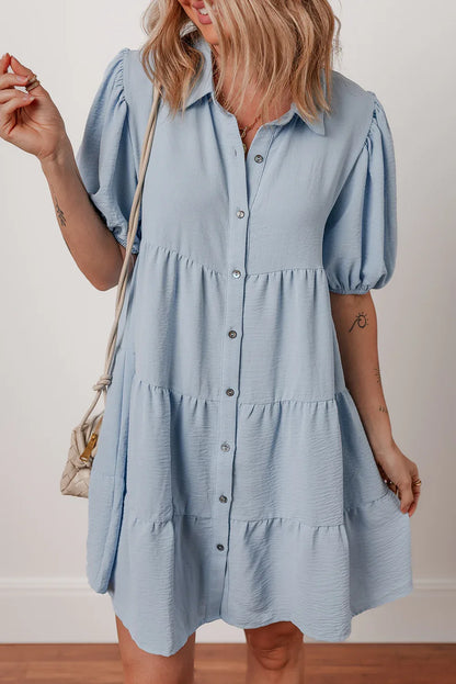 Beau Blue Shirt Collar Button Up Short Puff Sleeve Tiered Shift Dress - MarkoFit
