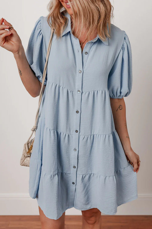 Beau Blue Shirt Collar Button Up Short Puff Sleeve Tiered Shift Dress - MarkoFit