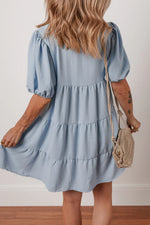 Beau Blue Shirt Collar Button Up Short Puff Sleeve Tiered Shift Dress - MarkoFit