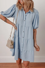 Beau Blue Shirt Collar Button Up Short Puff Sleeve Tiered Shift Dress - MarkoFit