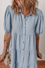 Beau Blue Shirt Collar Button Up Short Puff Sleeve Tiered Shift Dress - MarkoFit