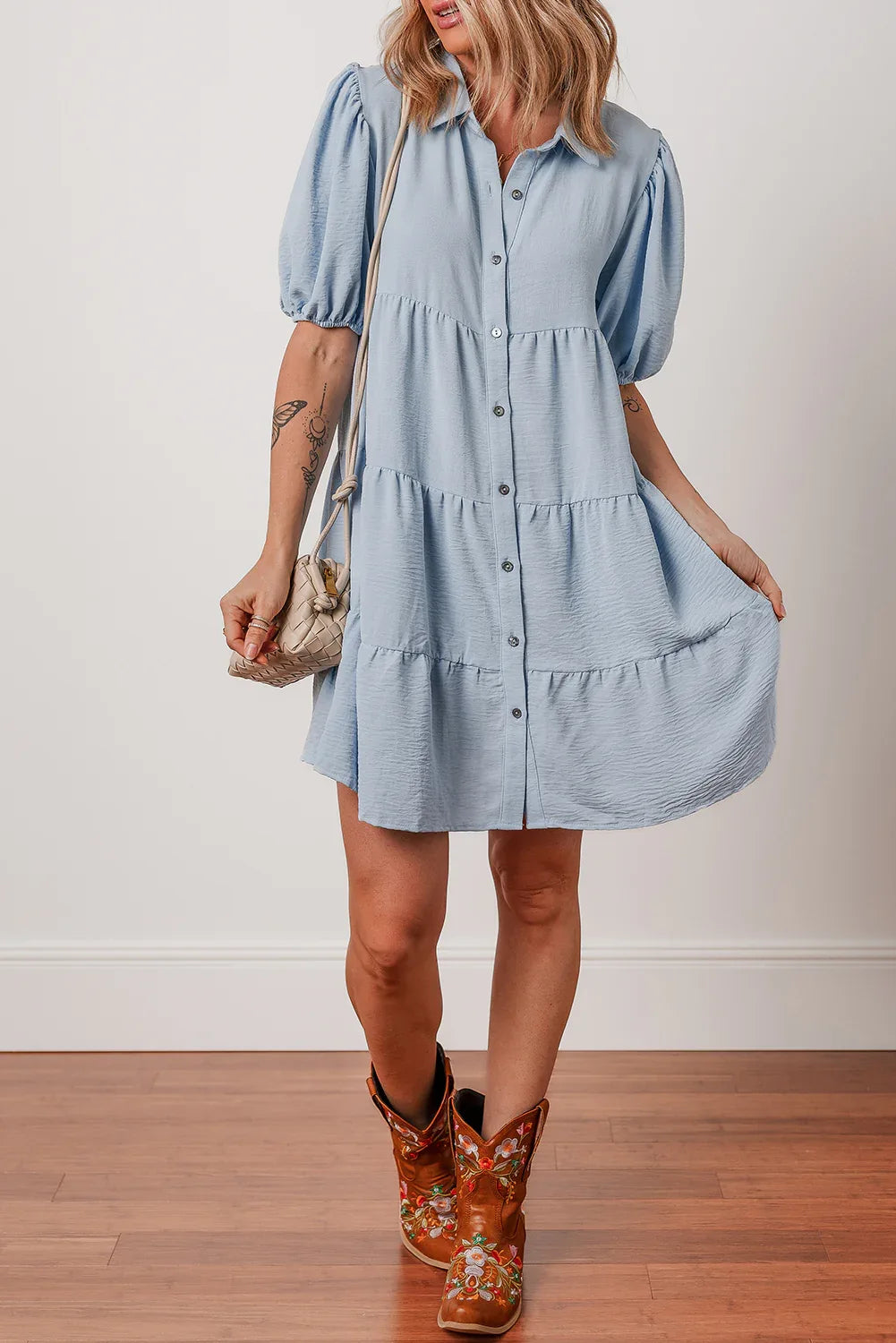 Beau Blue Shirt Collar Button Up Short Puff Sleeve Tiered Shift Dress - MarkoFit