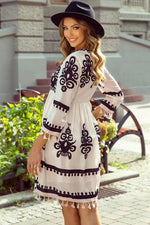 Beige Western Pattern Print Tasseled Notch V Neck Mini Dress - MarkoFit