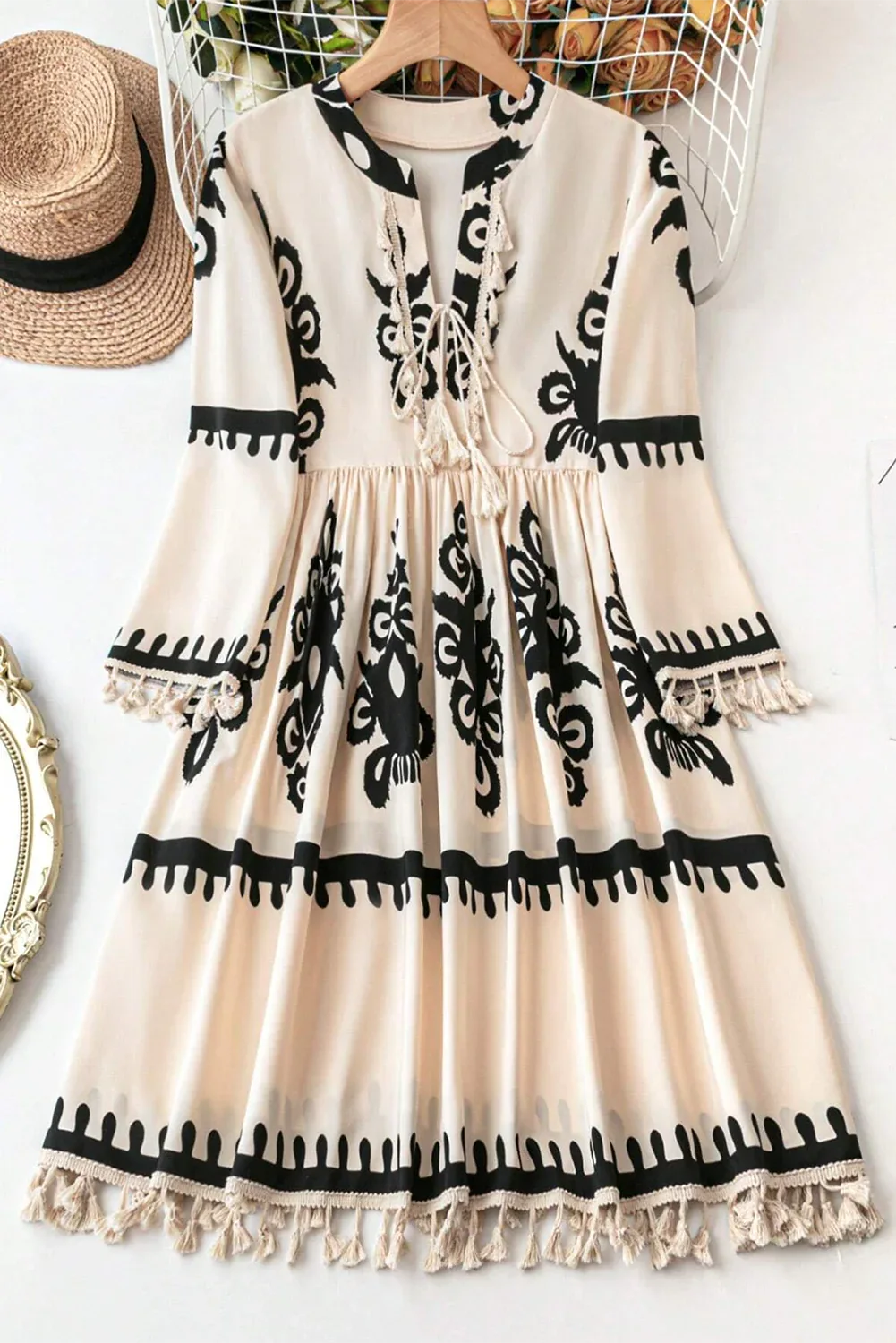 Beige Western Pattern Print Tasseled Notch V Neck Mini Dress - MarkoFit