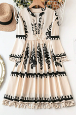Beige Western Pattern Print Tasseled Notch V Neck Mini Dress - MarkoFit