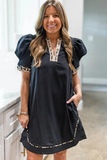 Black Leopard Trim Notched Neck Short Puff Sleeve Shift Mini Dress - MarkoFit