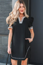 Black Leopard Trim Notched Neck Short Puff Sleeve Shift Mini Dress - MarkoFit