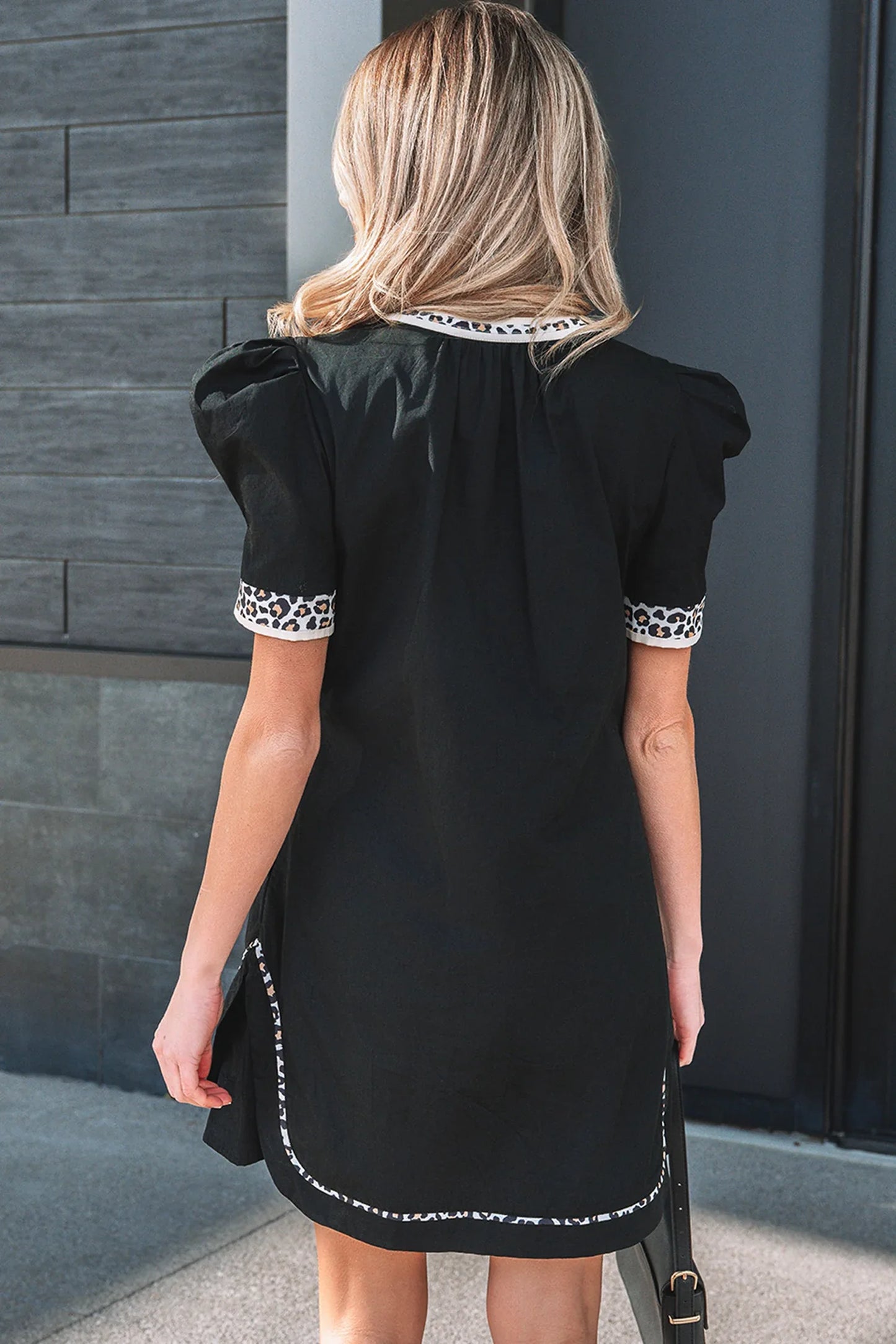 Black Leopard Trim Notched Neck Short Puff Sleeve Shift Mini Dress - MarkoFit