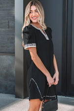 Black Leopard Trim Notched Neck Short Puff Sleeve Shift Mini Dress - MarkoFit