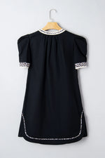 Black Leopard Trim Notched Neck Short Puff Sleeve Shift Mini Dress - MarkoFit