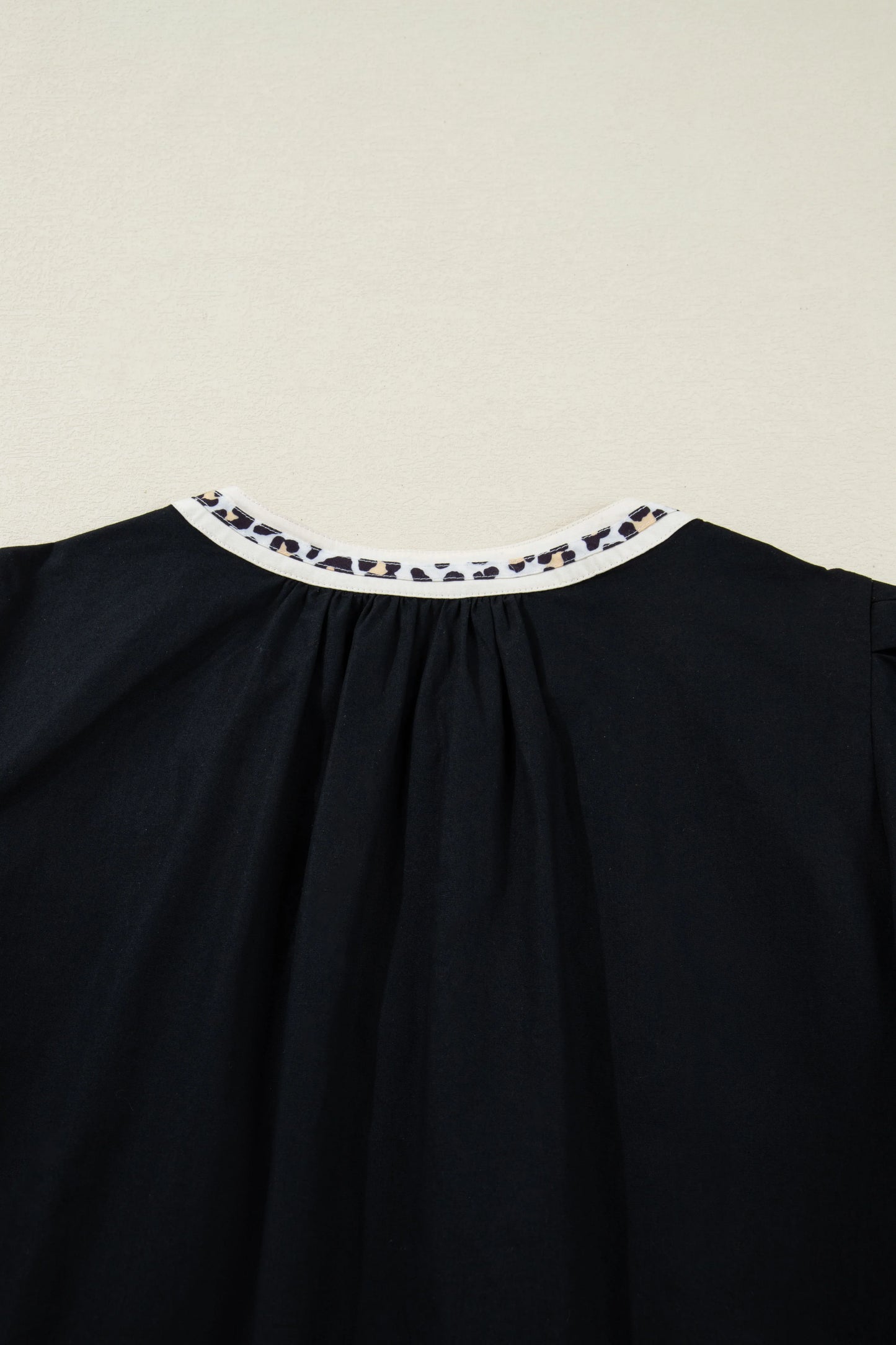 Black Leopard Trim Notched Neck Short Puff Sleeve Shift Mini Dress - MarkoFit