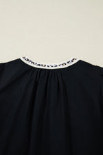 Black Leopard Trim Notched Neck Short Puff Sleeve Shift Mini Dress - MarkoFit