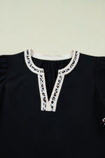 Black Leopard Trim Notched Neck Short Puff Sleeve Shift Mini Dress - MarkoFit