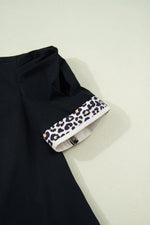 Black Leopard Trim Notched Neck Short Puff Sleeve Shift Mini Dress - MarkoFit