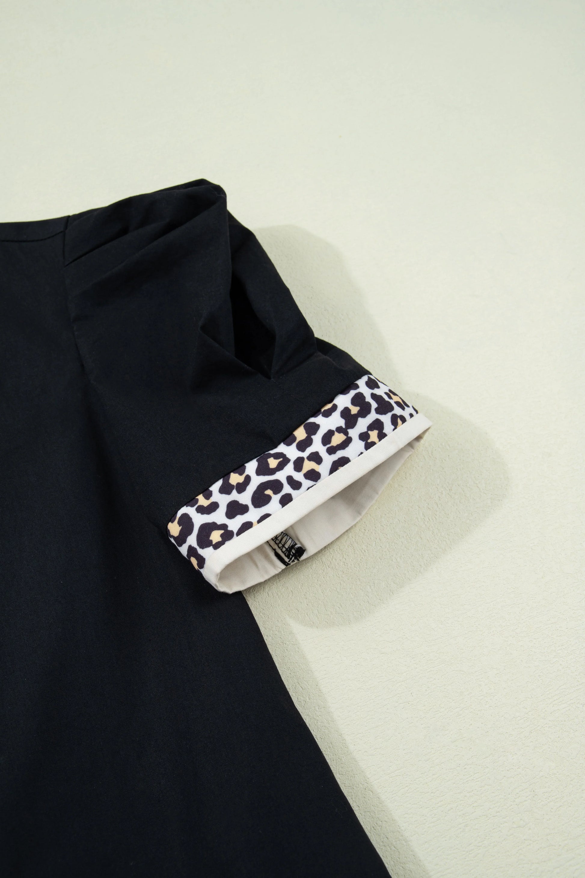 Black Leopard Trim Notched Neck Short Puff Sleeve Shift Mini Dress - MarkoFit